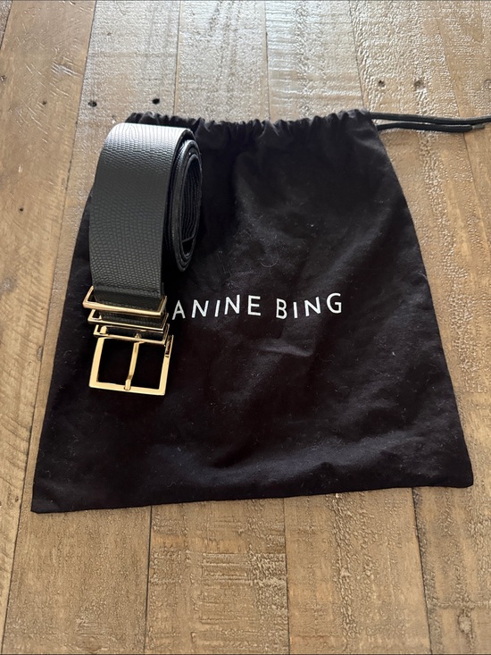 Anine Bing Accessories - Anine Bing Black Textured Leather Belt with Gold Buckle Hardware